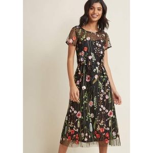 Modcloth Black Floral Embroidered Midi Dress